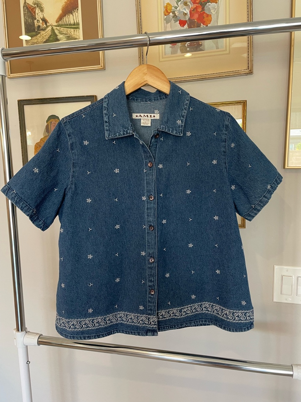 A.M.I. Vintage Dark Blue White Flower Embroidered Denim Button-Up Shirt